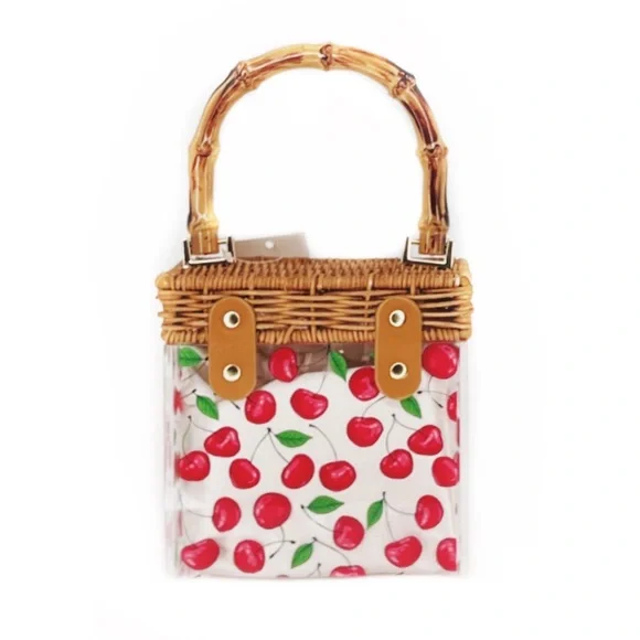 Red Cherry Acrylic Rectangular Wicker & Bamboo Top Handle Pinup Retro Purse Bag - Picture 5 of 8